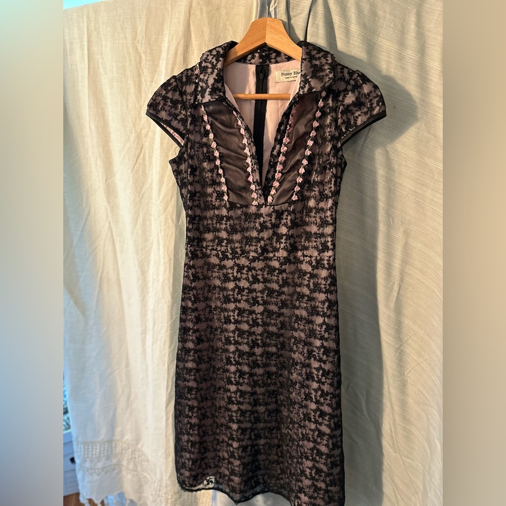 Black and Dusty Pink Midi Dress with Deep V Neck - Petite Sophisticate